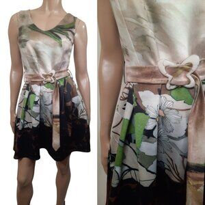 Y2K Butterfly Belted Dress Womens S Mini Sleeveless Fit flare Beige Green